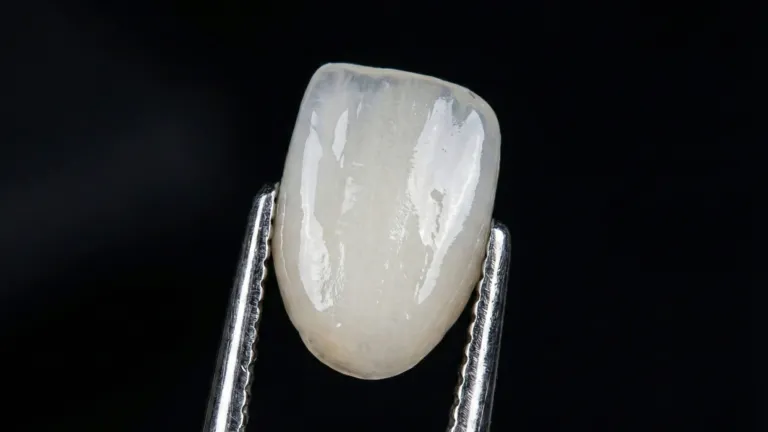 A ceramic crown held in fine tweezers