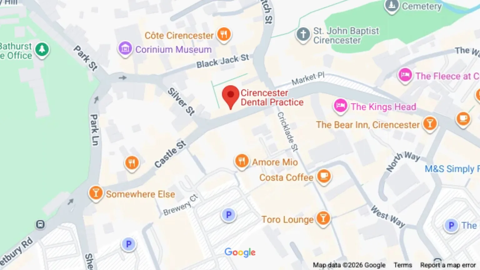 Google map showing Cirencester Dental Practice