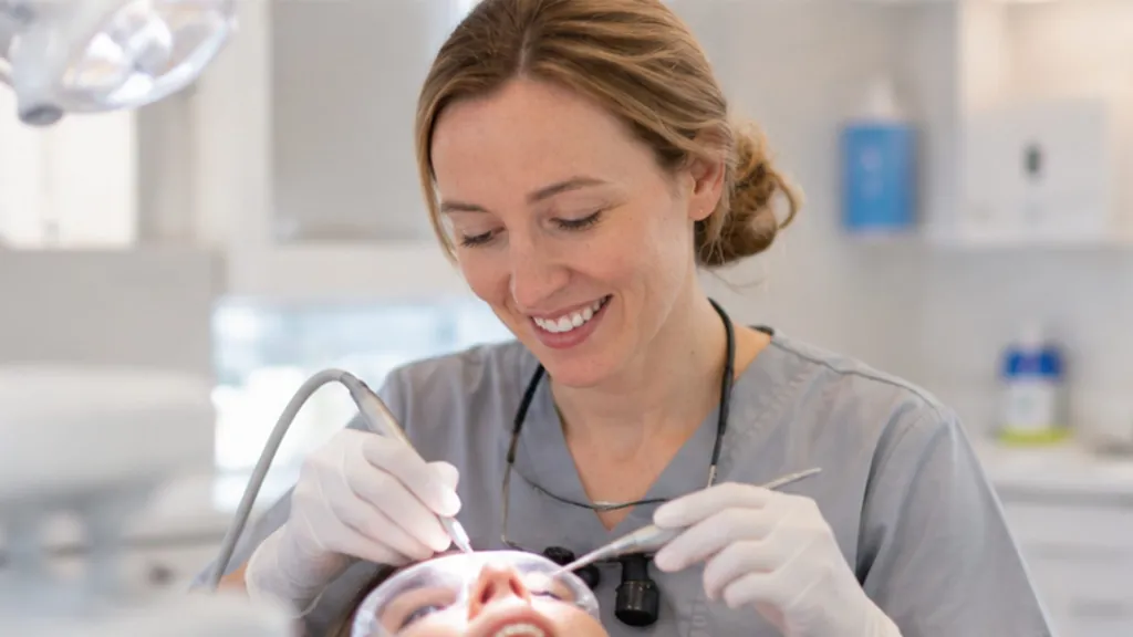 A dentist wearing magnifying loupes cleaning a patient's teeth