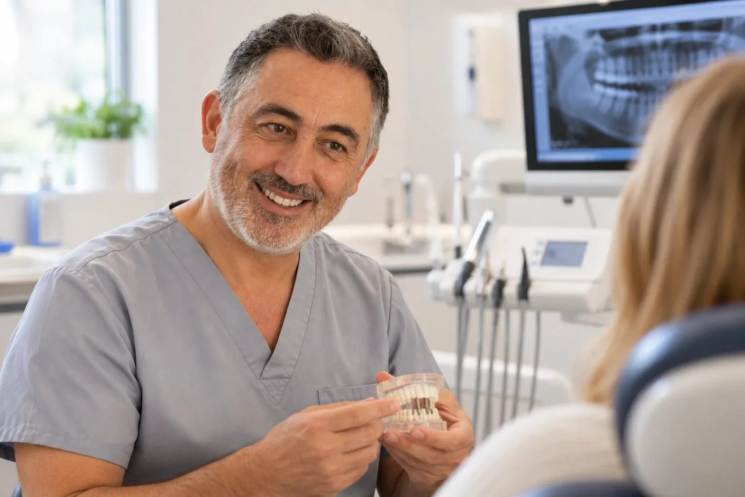 Dentist explaining an implant model to a patient