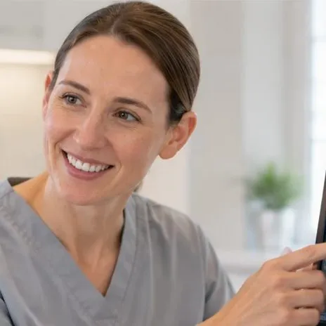 Dentist explaining a scan on screen to a patient