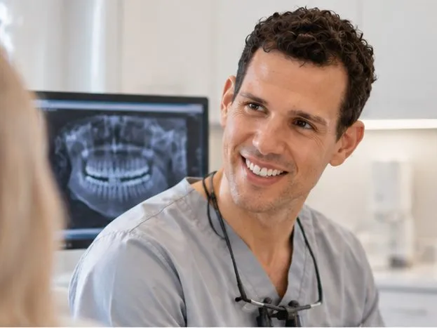 Dr Joao Souteiro talking a patient through an X-ray