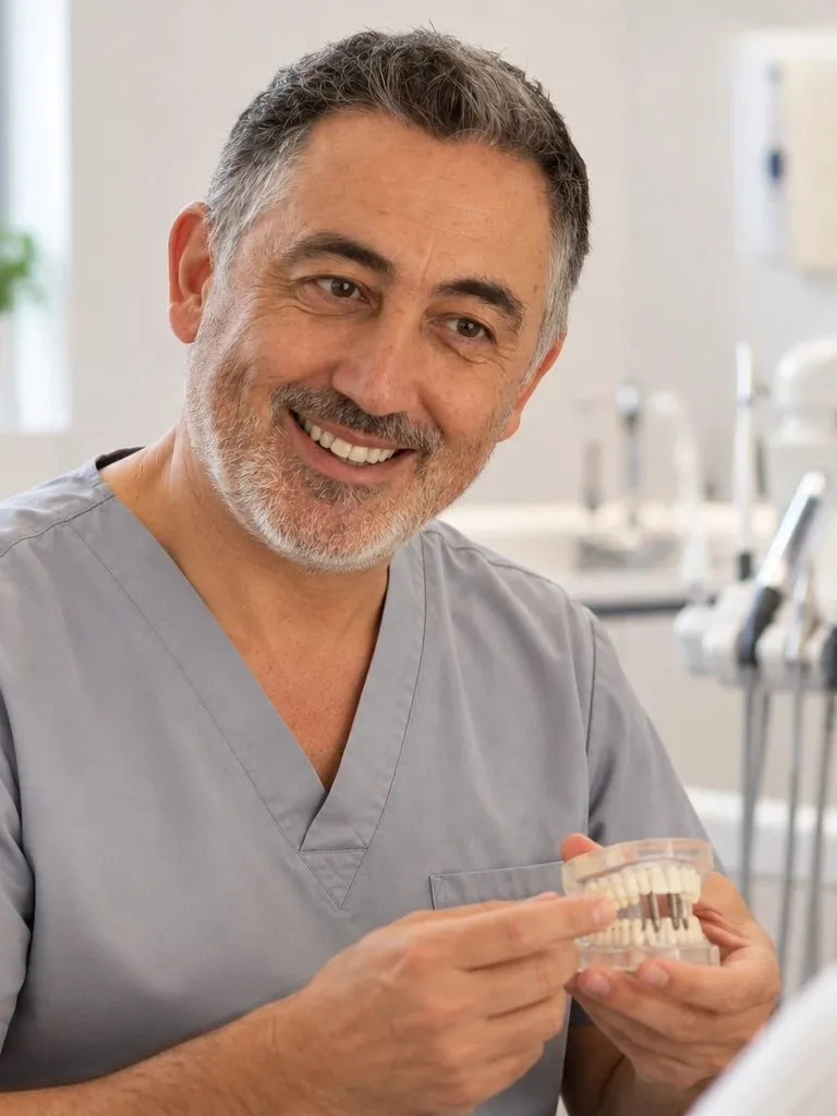 Dentist holding a model of an implant-supported bridge