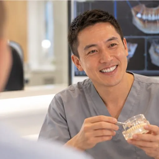 Dr Gavin Ho Fat holding a model, with a 3D scan on screen