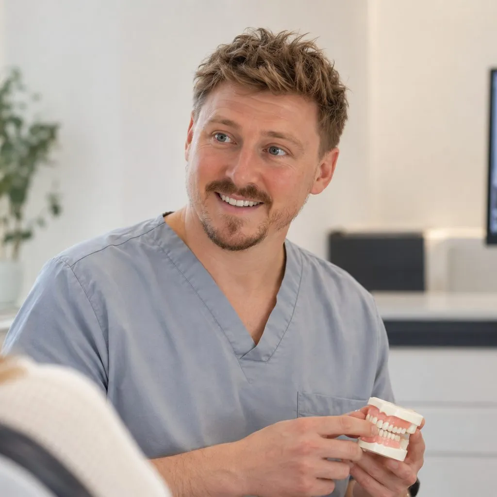 Dr Mark Burton holding a model of teeth
