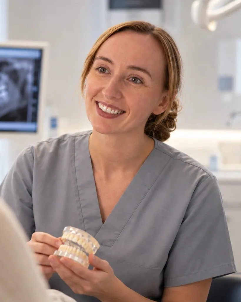 Dentist holding a model of teeth during a consultation