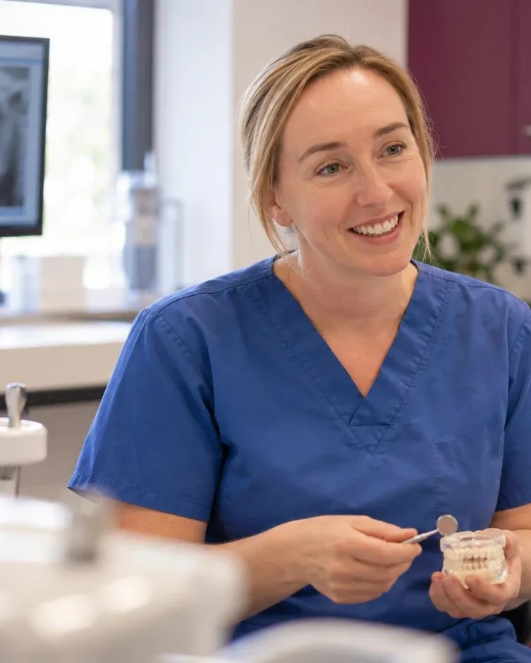 Dentist showing a patient a model of teeth