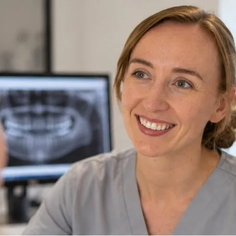 Dr Melanie Bennett smiling warmly at a patient