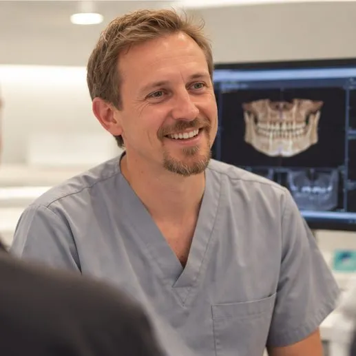 Dr Mark Burton with a patient, with a 3D scan on screen