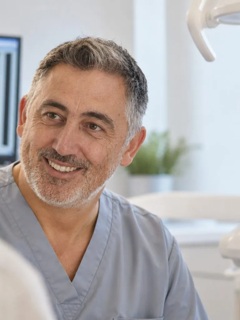Dr Adrian Jones talking with a patient, with an X-ray on the screen behind
