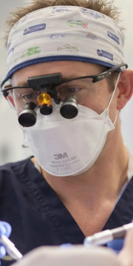 Dr Ross Cutts in loupes and a surgical mask during treatment