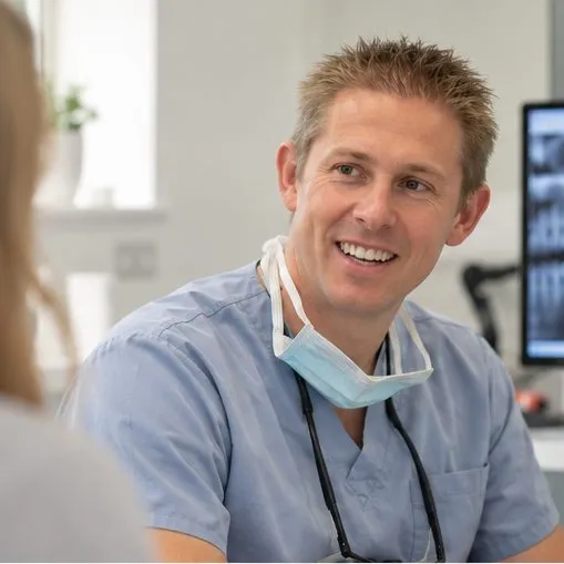 Dr Ross Cutts smiling with his mask down, with an X-ray on screen
