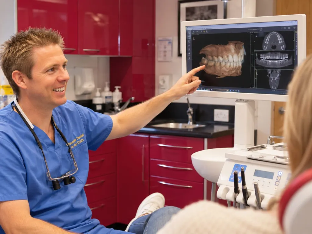 Dr Ross Cutts pointing out a 3D scan of a patient’s teeth and jaw on the screen in his surgery